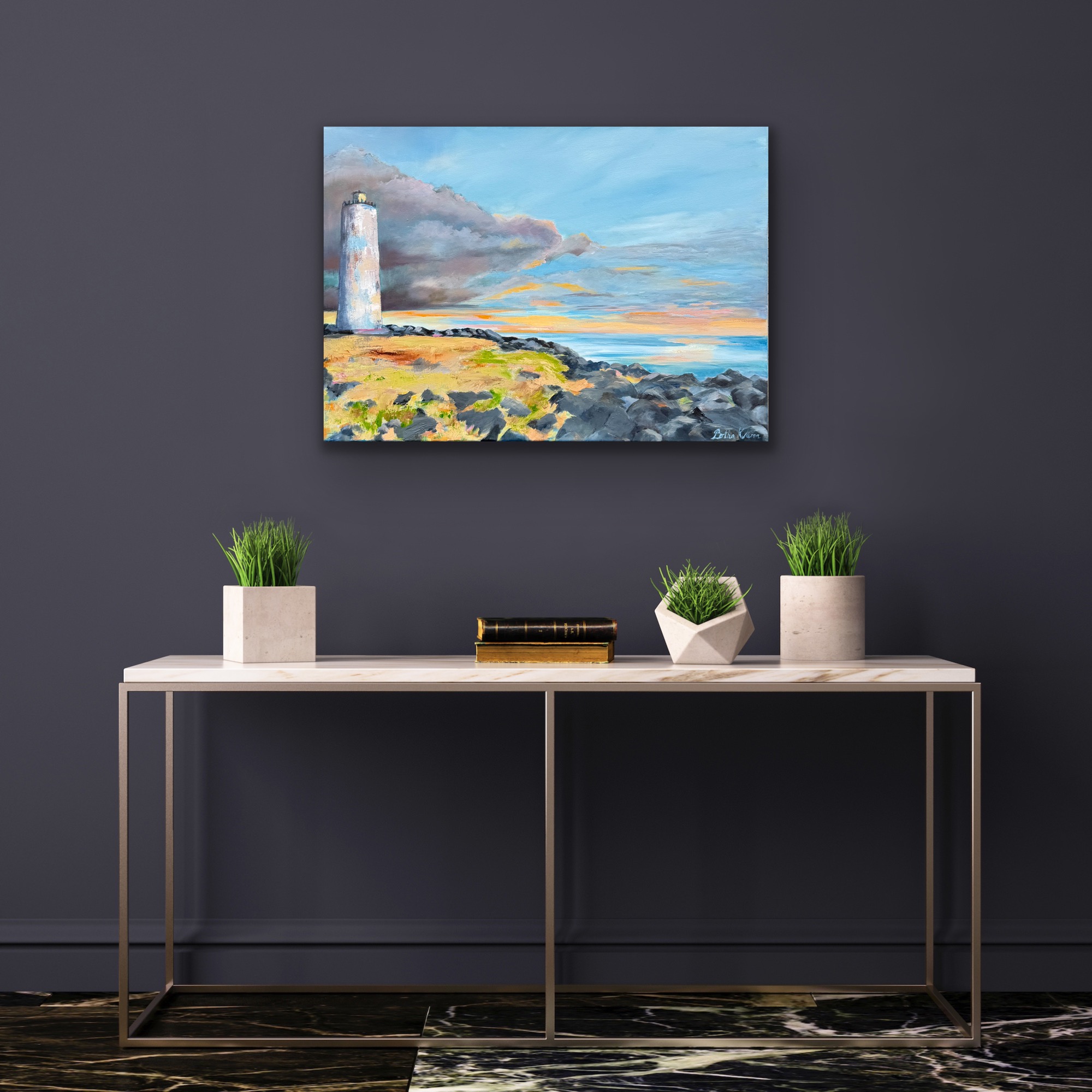 Grótta lighthouse, an oil painting of the lighthouse by Grótta in Reykjavík, painted by Bertha Kvaran