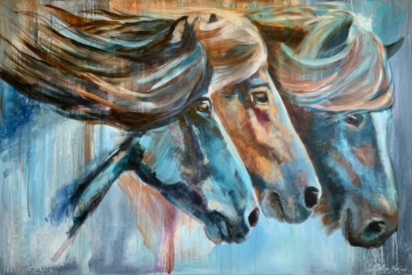 Freedom, abstract expressive painting of 3 horses by Bertha Kvaran