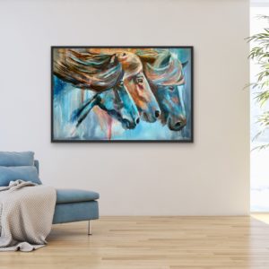 Freedom, abstract expressive painting of 3 horses by Bertha Kvaran