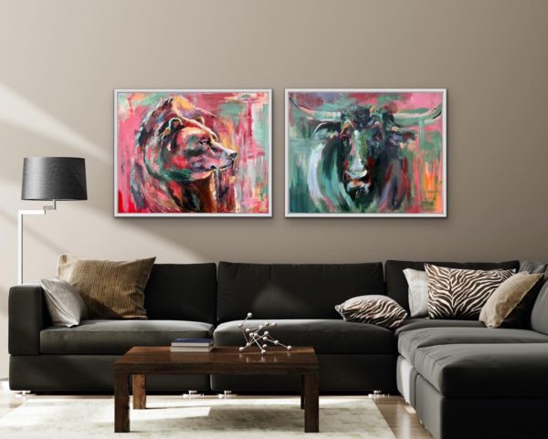The Bull and The Bear, abstract oil paintings by Bertha Kvaran