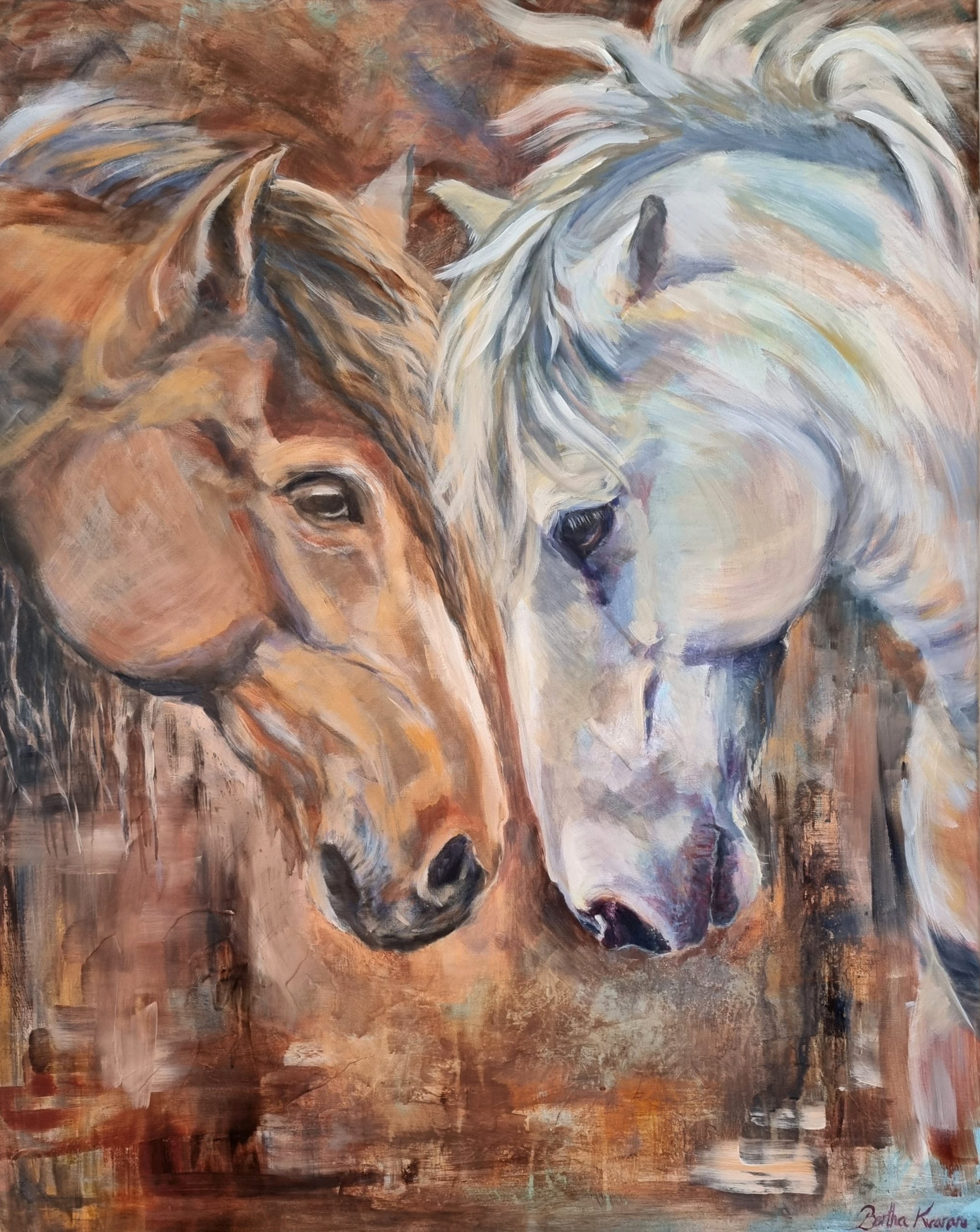 Photograph of artwork named Bonding, abstract realism painting of two horses by Bertha Kvaran