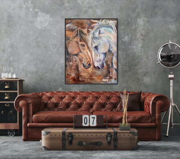 Bonding, abstract realism painting of two horses by Bertha Kvaran