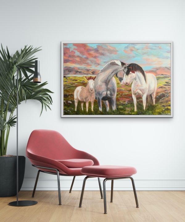 Summer Love, painting of horses in Icelandic nature by Bertha Kvaran