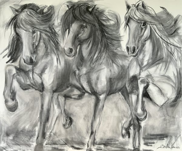Powerful charcoal painting of 3 horses by Bertha Kvaran