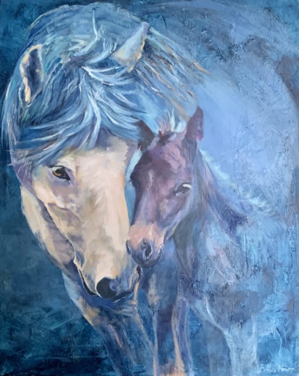 Mother and son, abstract painting of a mare with her foal by Bertha