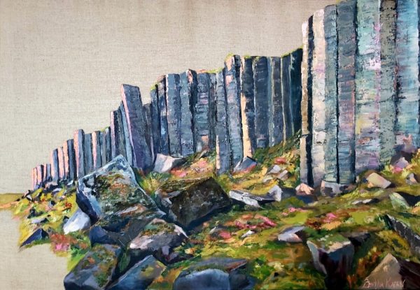 Gerðuberg basalt columns in Snæfellsnes Peninsula, oil painting by Bertha Kvaran