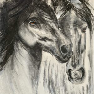 The Bond Between Two Horses Mixed Media painting of two horses by Bertha Kvaran