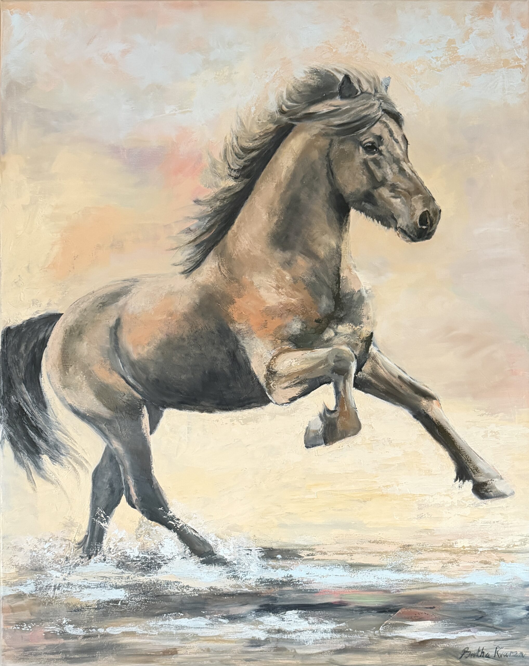 Á spretti, oil painting in a contemporary style of a free spirited running Icelandic horse, painted by Bertha Kvaran