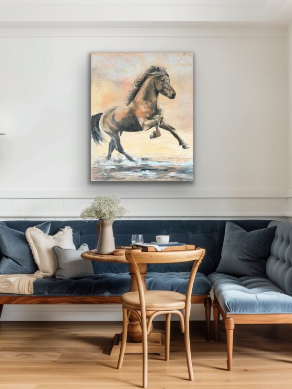 Á spretti, oil painting in a contemporary style of a free spirited running Icelandic horse, painted by Bertha Kvaran
