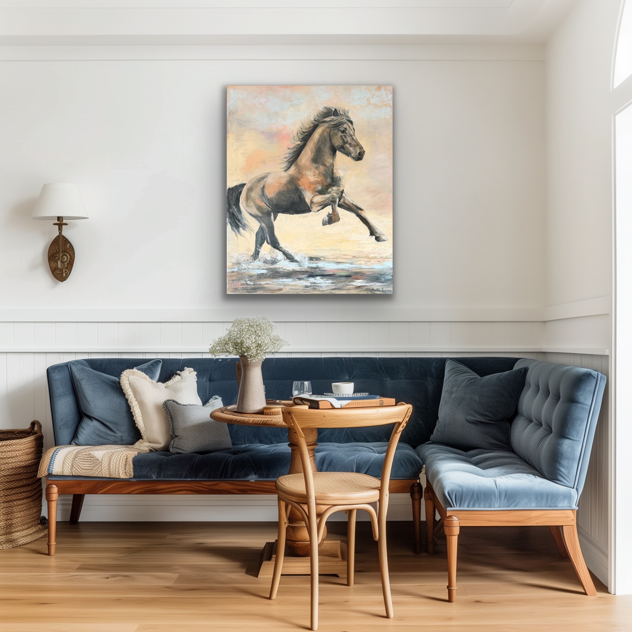 Á spretti, oil painting in a contemporary style of a free spirited running Icelandic horse, painted by Bertha Kvaran