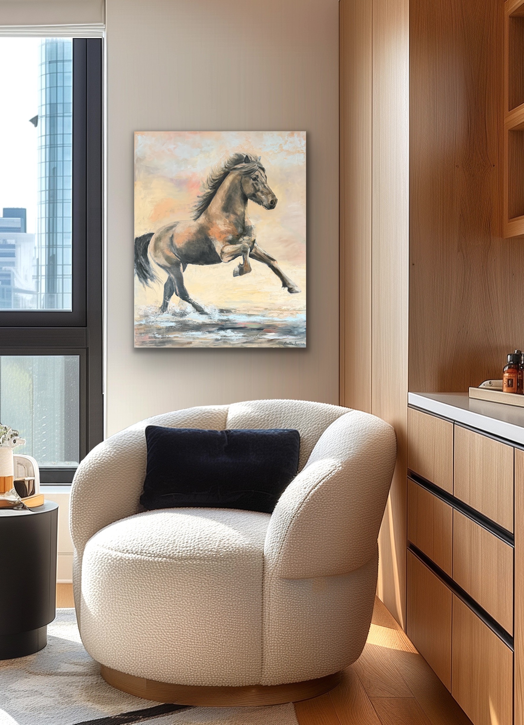 Á spretti, oil painting in a contemporary style of a free spirited running Icelandic horse, painted by Bertha Kvaran