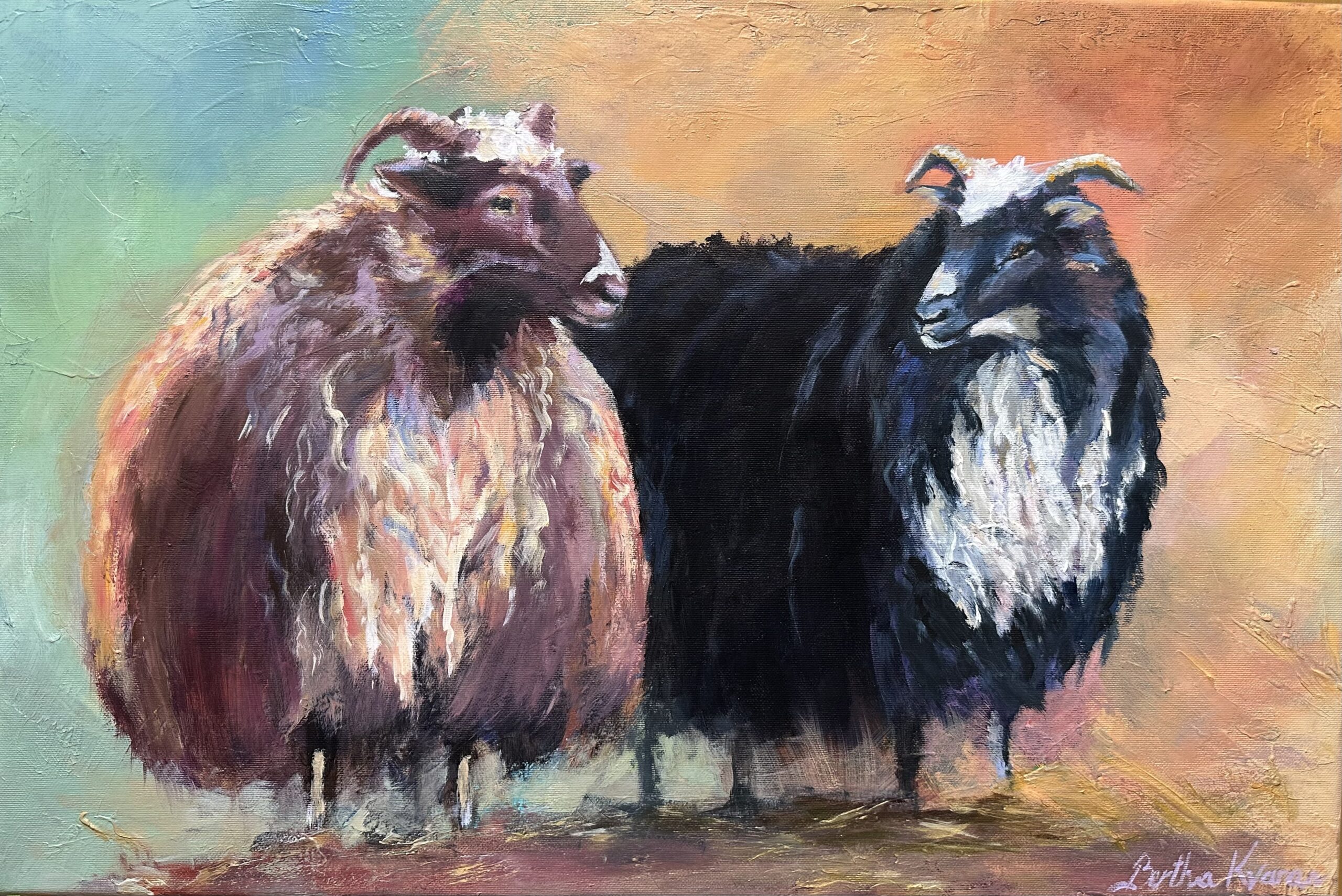 Ljúfa and Skoppa, portrait painting of two Icelandic Sheep