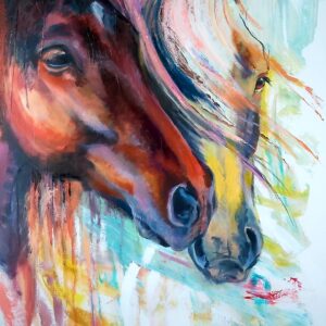 Two of a kind, a portrait of two horses, mixed media, bold colors, by Bertha Kvaran