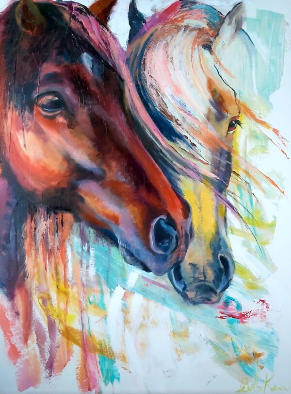 Two of a kind, a portrait of two horses, mixed media, bold colors, by Bertha Kvaran