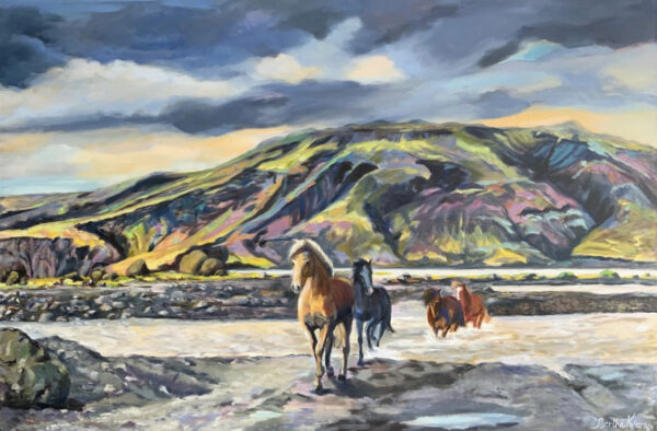 Þórólfsfell | Oil painting of horses passing a glacier river, by Bertha Kvaran