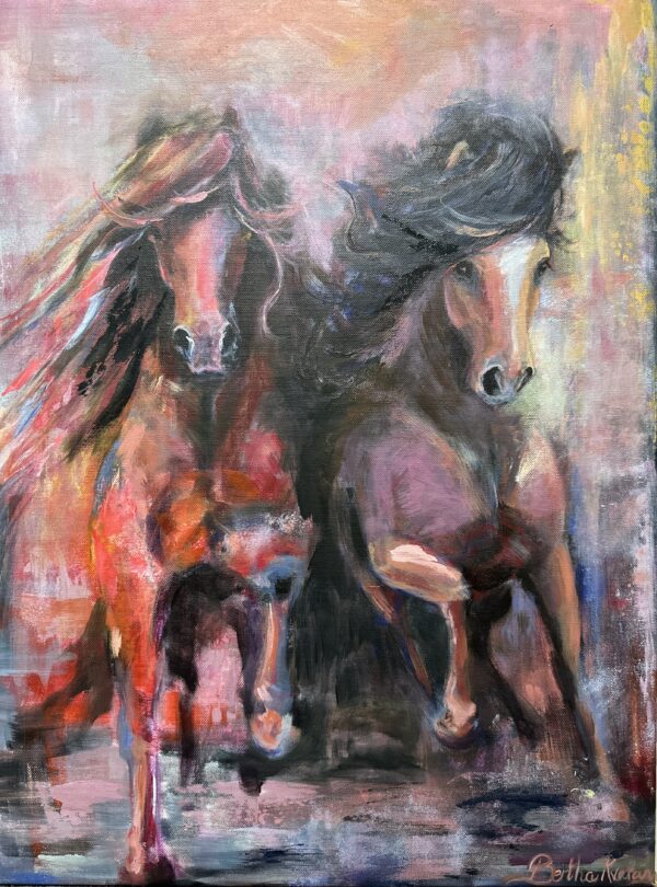 Lets Run, painting of two Icelandic horses running together, contemporary abstract colors