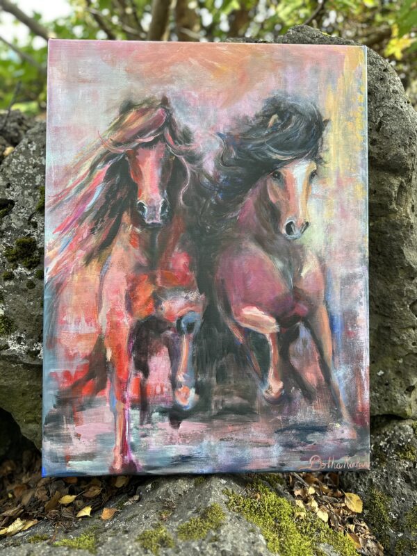 Lets Run, painting of two Icelandic horses running together, contemporary abstract colors
