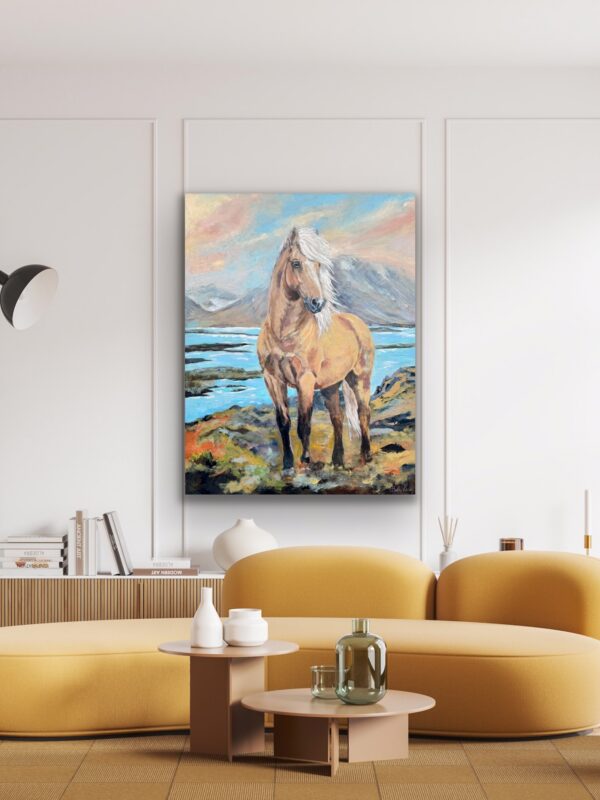 Bjarmi, a large painting in a contemporary style of a palomino stallion, painted by Bertha Kvaran