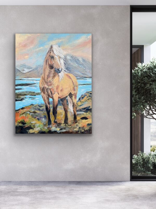 Bjarmi, a large painting in a contemporary style of a palomino stallion, painted by Bertha Kvaran