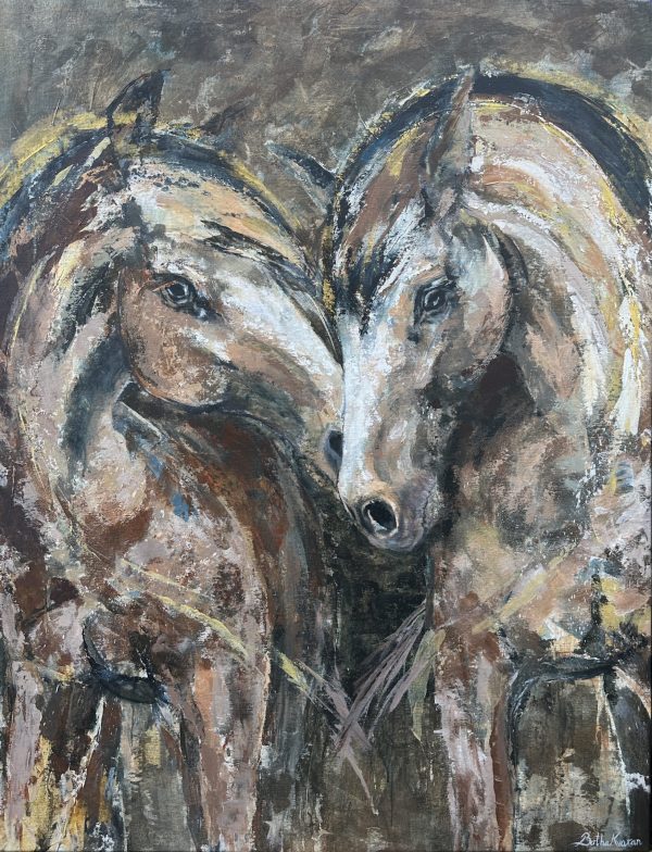 Horses have a heart of gold, painting of two horses with gold paint around their mane and across their chest forming the shape of a heart