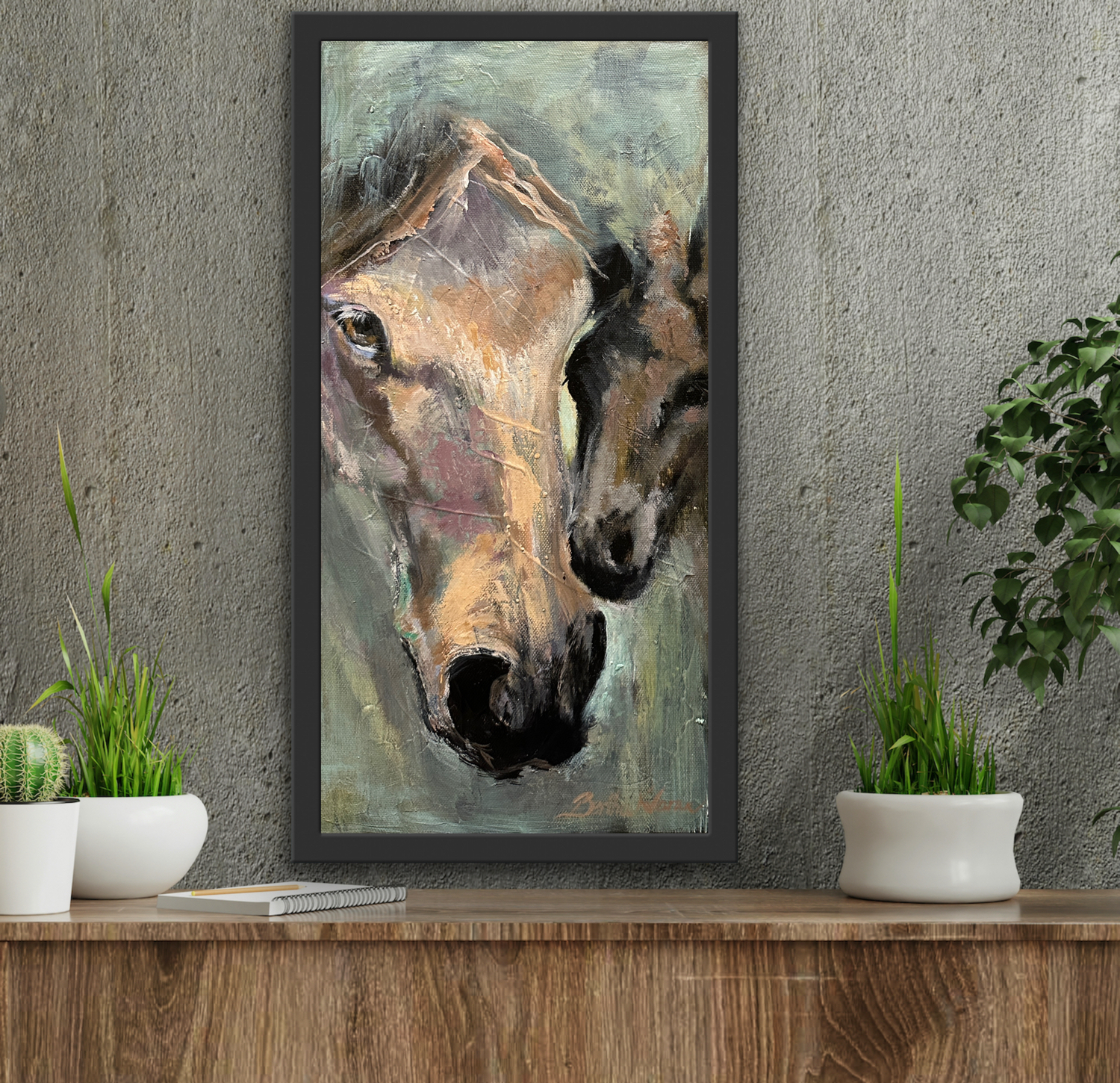 Breeding mare with her foal, a painting by Bertha Kvaran
