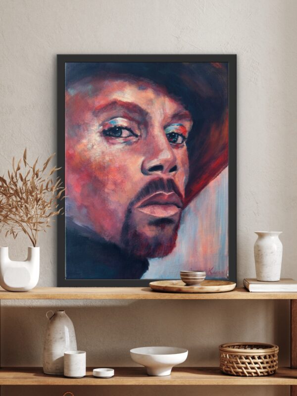 The House of Hidden Meanings, bold colored painting of Ru Paul by Bertha Kvaran