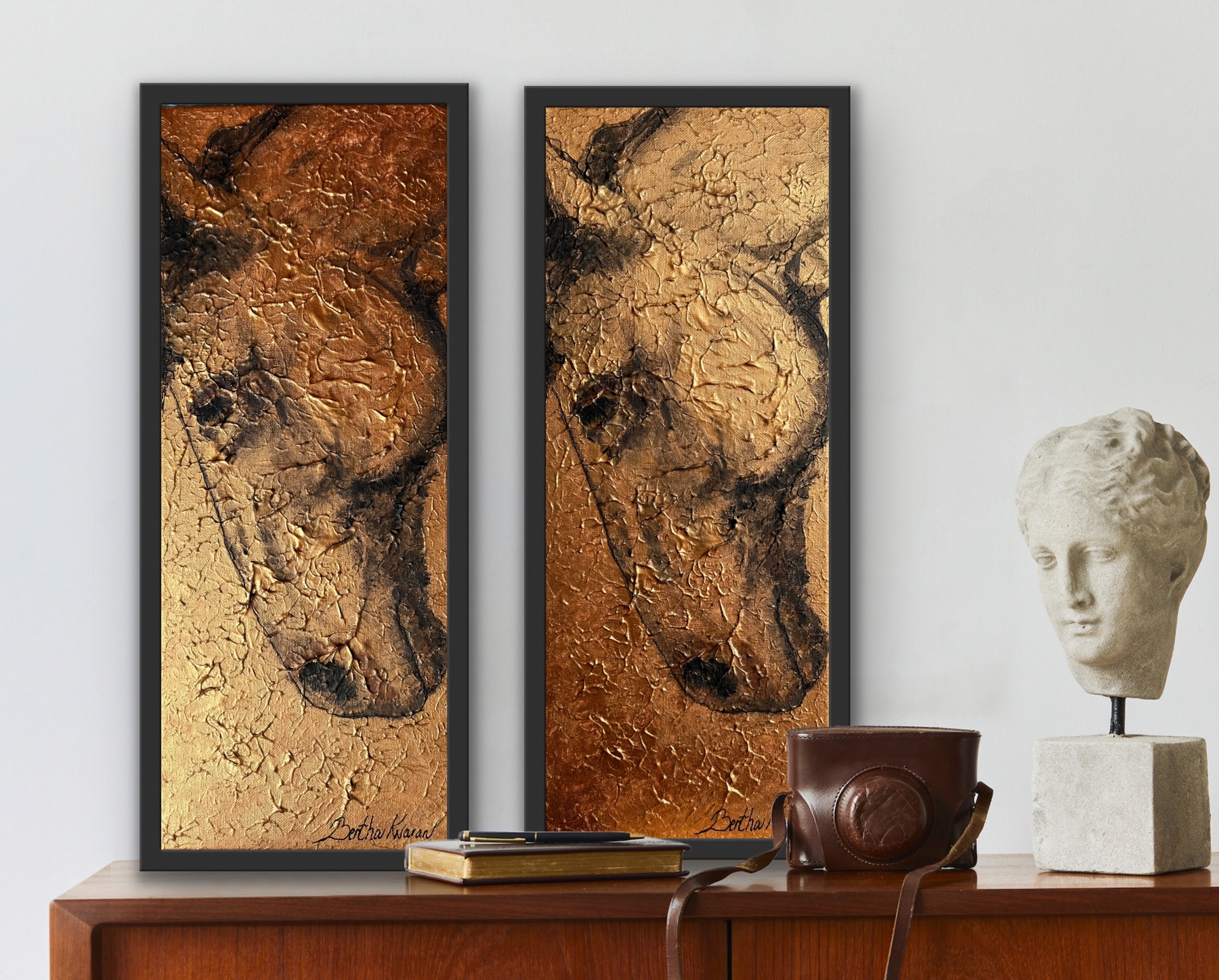Bronze horse, abstract mixed media of a horses head by Bertha Kvaran
