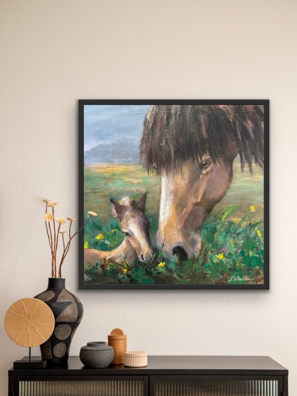 Safe with mom, acrylic painting of a mare with her foal by Bertha Kvaran