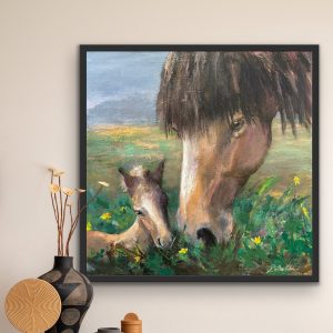 Safe with mom, acrylic painting of a mare with her foal by Bertha Kvaran