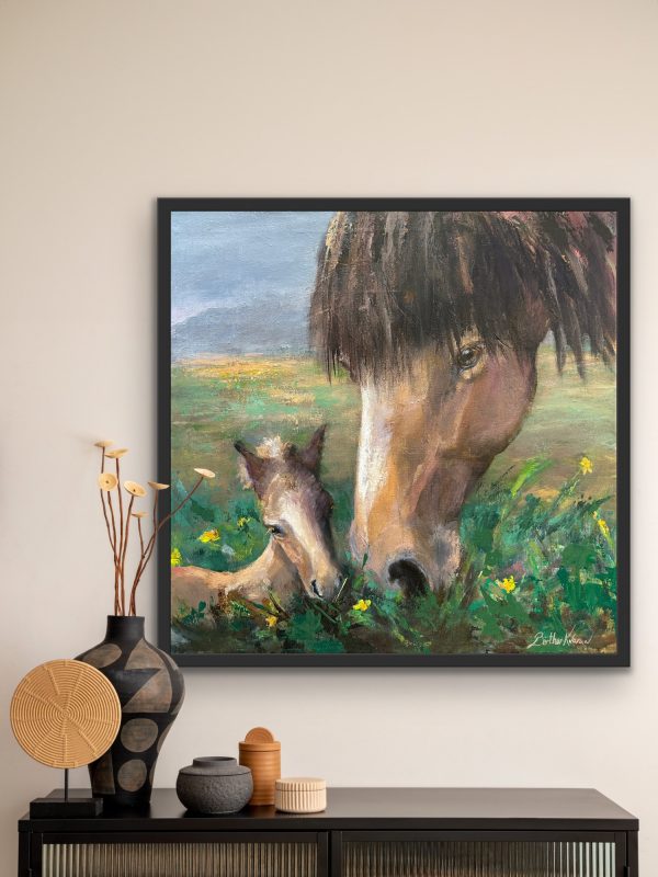 Safe with mom, acrylic painting of a mare with her foal by Bertha Kvaran