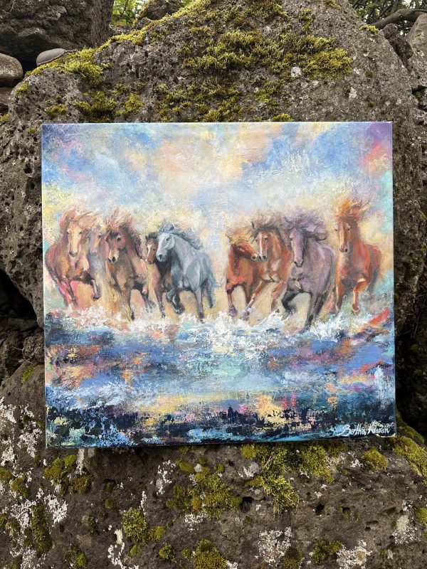 A group of horses splashing on wet ground, painting by Bertha Kvaran