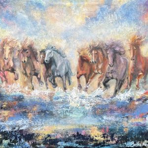 A group of horses splashing on wet ground, painting by Bertha Kvaran