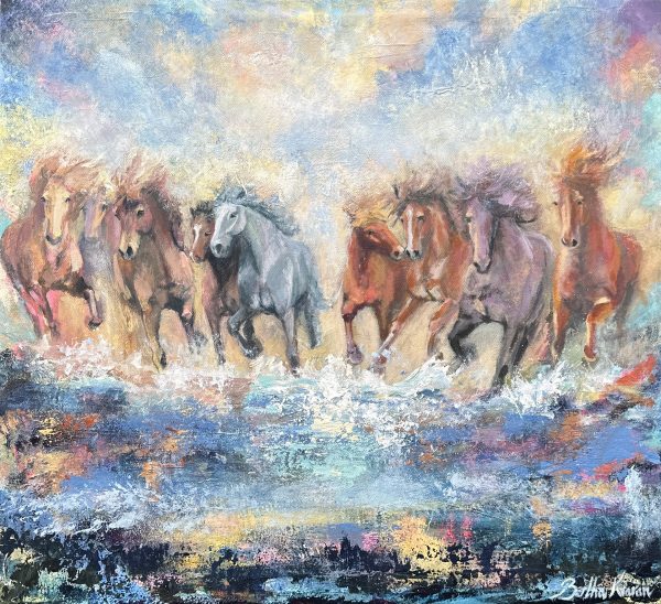 A group of horses splashing on wet ground, painting by Bertha Kvaran