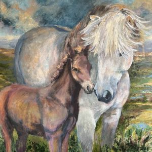 Spring has sprung, a painting of an Icelandic mare with her foal by Bertha Kvaran