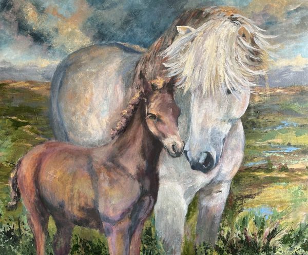 Spring has sprung, a painting of an Icelandic mare with her foal by Bertha Kvaran