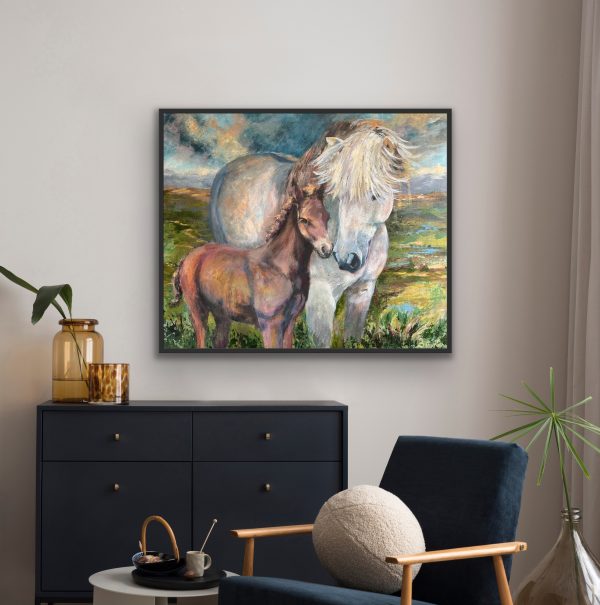 Spring has sprung, a painting of an Icelandic mare with her foal by Bertha Kvaran