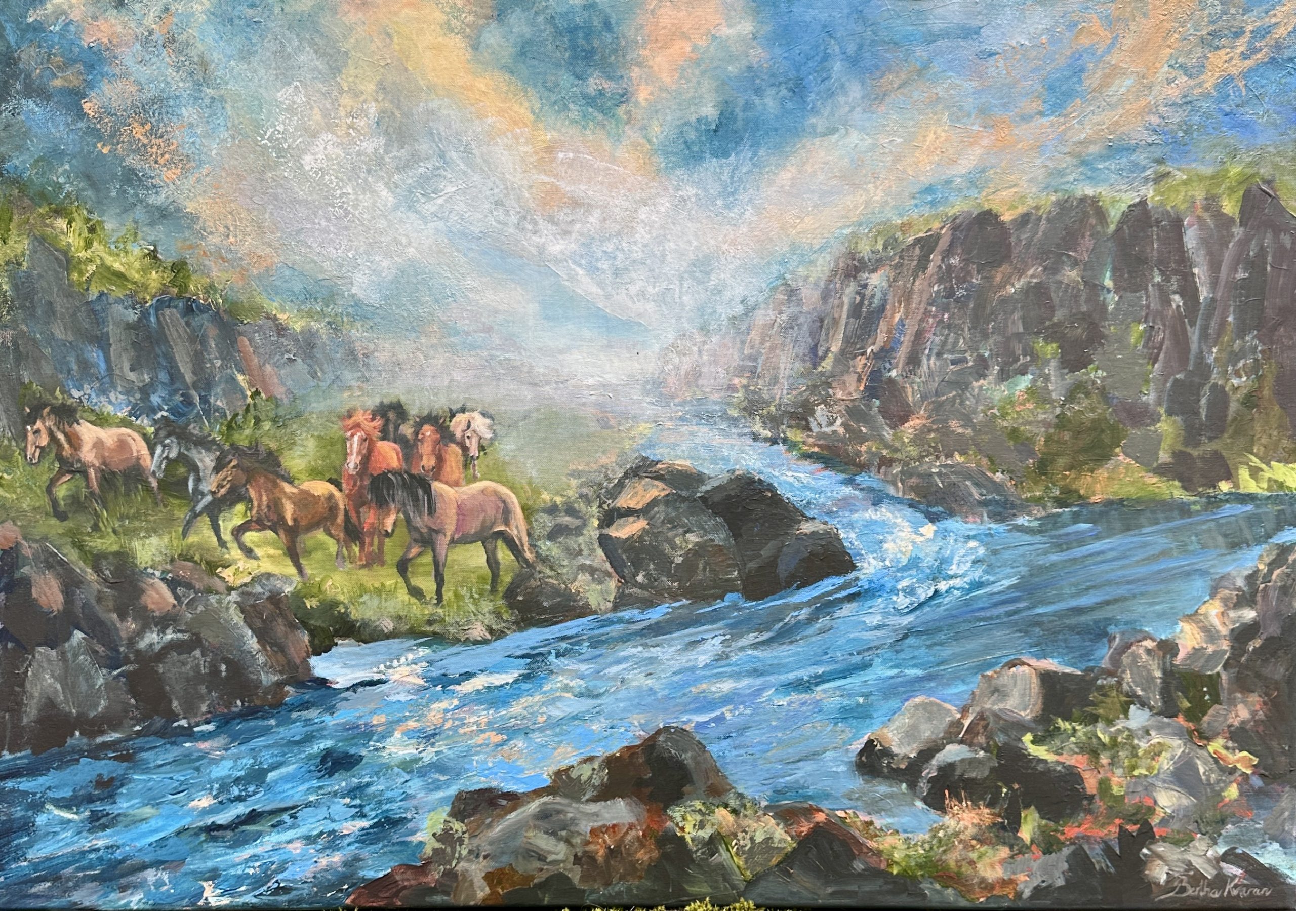 In perfect harmony with nature, a herd of horses walking in an Icelandic landscape, painting by Bertha Kvaran