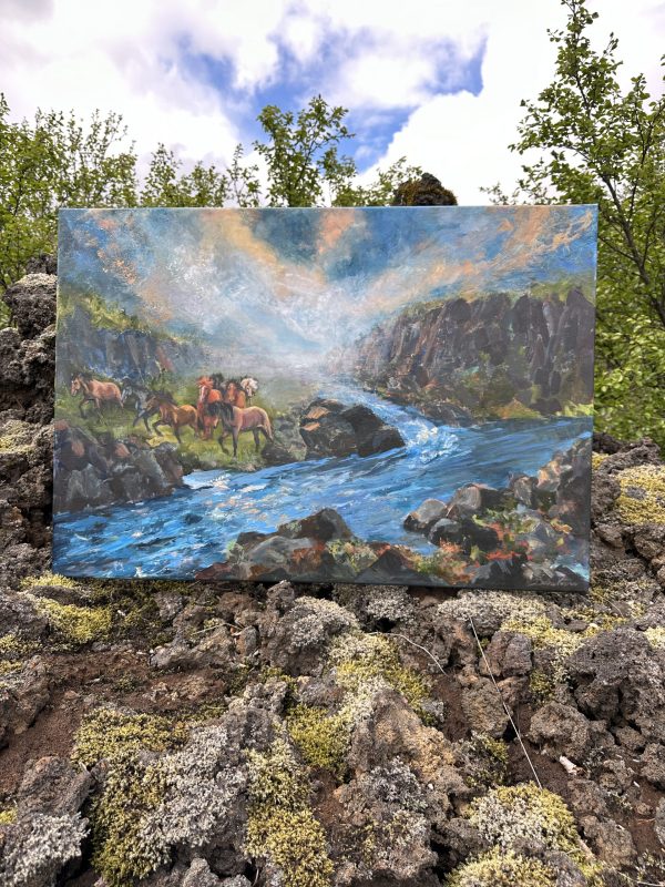 In perfect harmony with nature, a herd of horses walking in an Icelandic landscape, painting by Bertha Kvaran