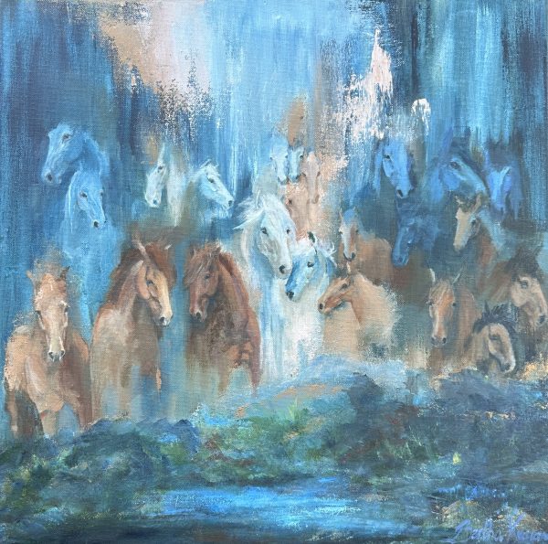 Álfheimar, abstract mystic painting of many horses appearing here and there in various sizes, like from another world, the world of Elves.