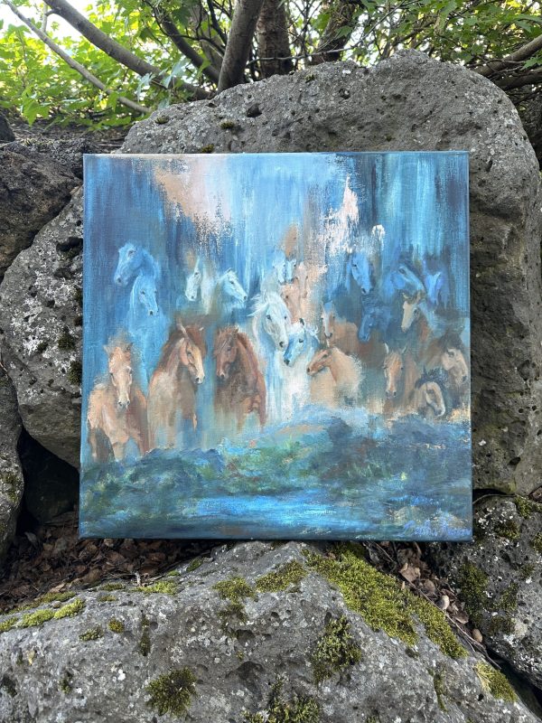 Álfheimar, abstract mystic painting of many horses appearing here and there in various sizes, like from another world, the world of Elves.