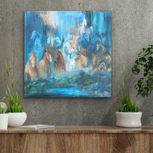 Álfheimar, abstract mystic painting of many horses appearing here and there in various sizes, like from another world, the world of Elves.
