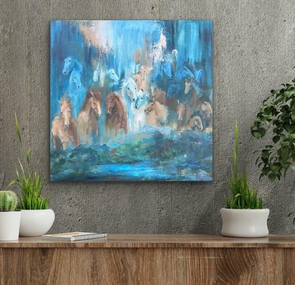 Álfheimar, abstract mystic painting of many horses appearing here and there in various sizes, like from another world, the world of Elves.