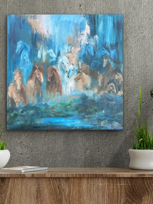 Álfheimar, abstract mystic painting of many horses appearing here and there in various sizes, like from another world, the world of Elves.