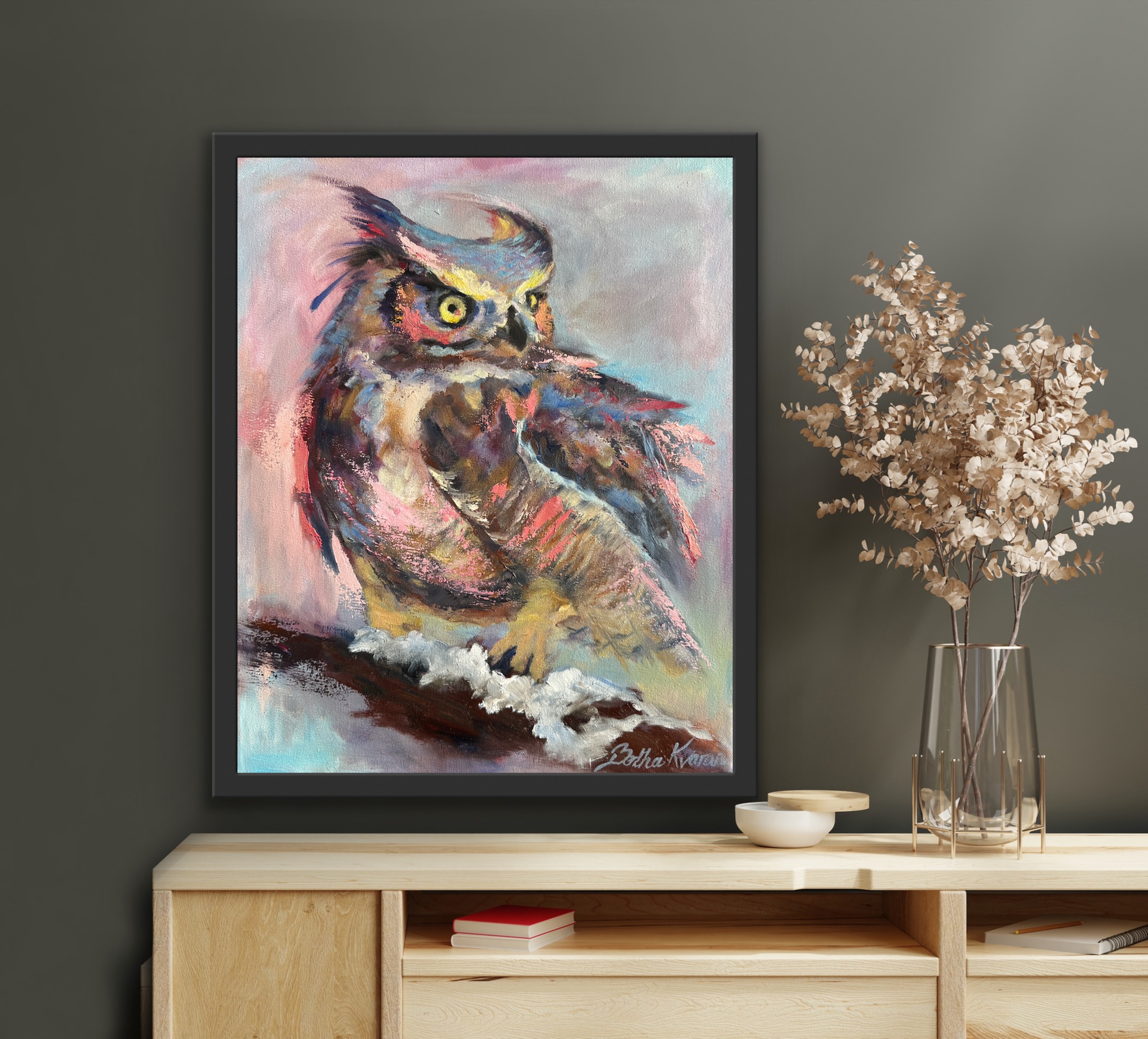 The Oily Owl, an oil painting of an owl, by Bertha Kvaran