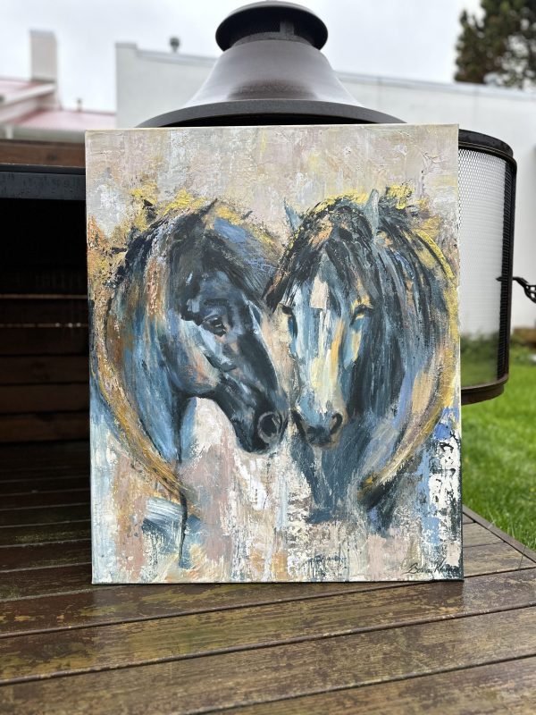 Golden Heart, a contemporary painting of two horses with gold paint around their mane forming a heart shape, by Bertha Kvaran