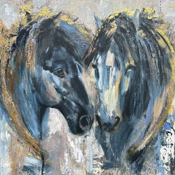 Golden Heart, a contemporary painting of two horses with gold paint around their mane forming a heart shape, by Bertha Kvaran