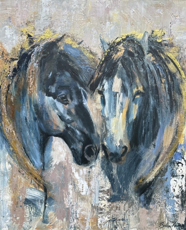 Golden Heart, a contemporary painting of two horses with gold paint around their mane forming a heart shape, by Bertha Kvaran