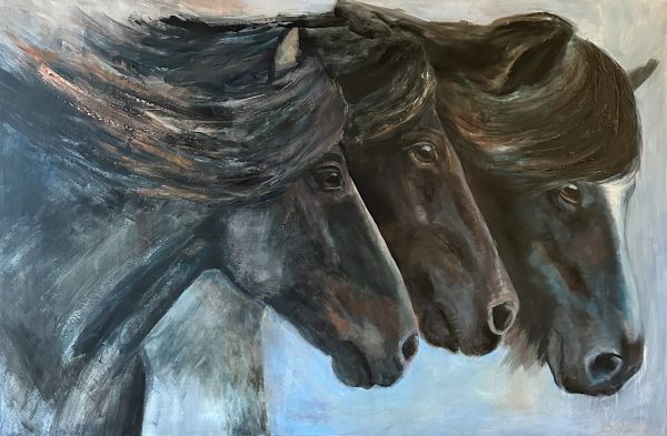 Freedom, abstract expressive painting of 3 horses by Bertha Kvaran