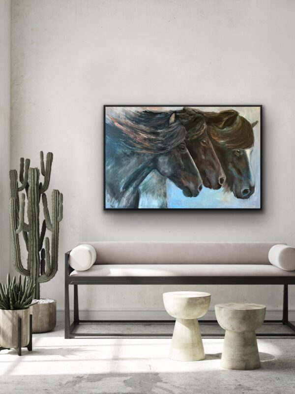 Freedom, abstract expressive painting of 3 horses by Bertha Kvaran