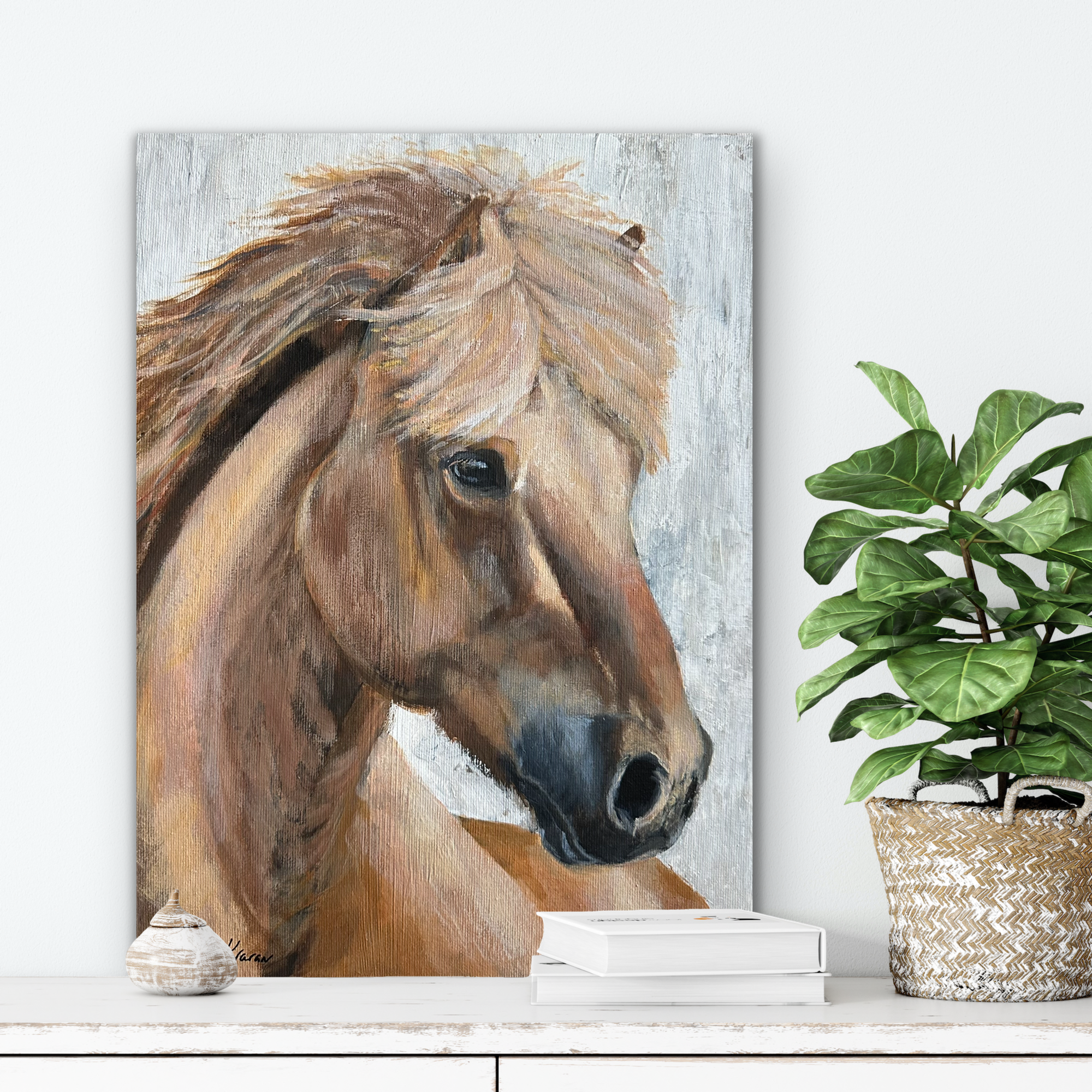 Bleikur frá Kjarri, a portrait painting of an Icelandic horse by Bertha Kvaran ART